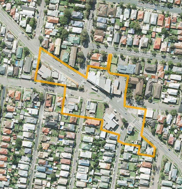 Map image showing a highlighted area surrounding the intersection of Georgetown Road and Moate Street