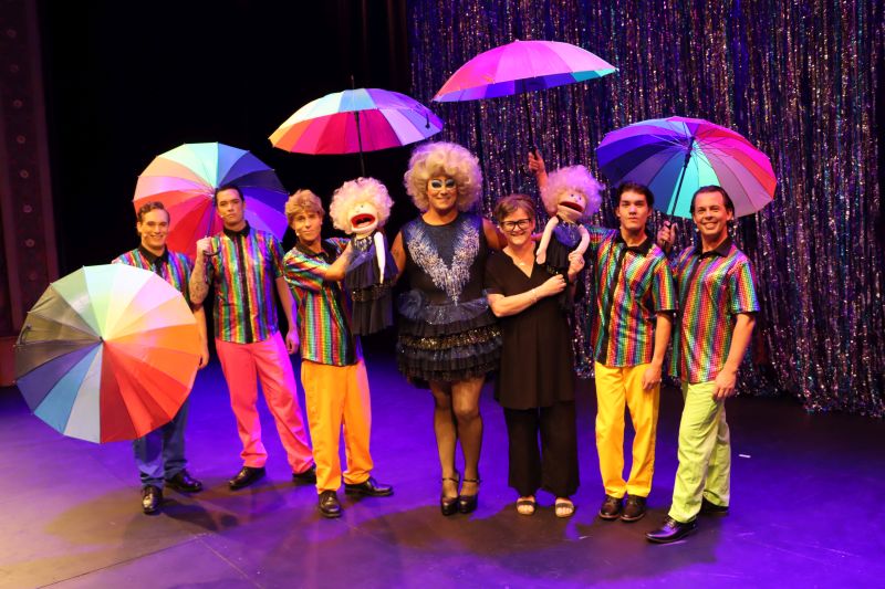 Newcastle Civic Theatre Manager Leonie Wallace (third from right) with some of the cast members from musical Priscilla, Queen of the Desert, which will open on Wednesday night.