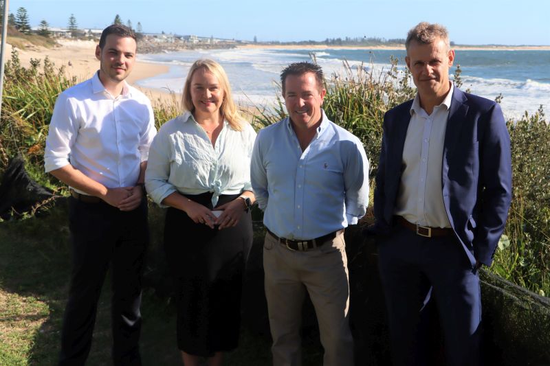 Deputy Lord Mayor Declan Clausen, Newcastle Lord Mayor Nuatali Nelmes, NSW Deputy Premier Paul Toole and Member of Newcastle Tim Crakanthorp inspect the beach erosion at Stockton in February.