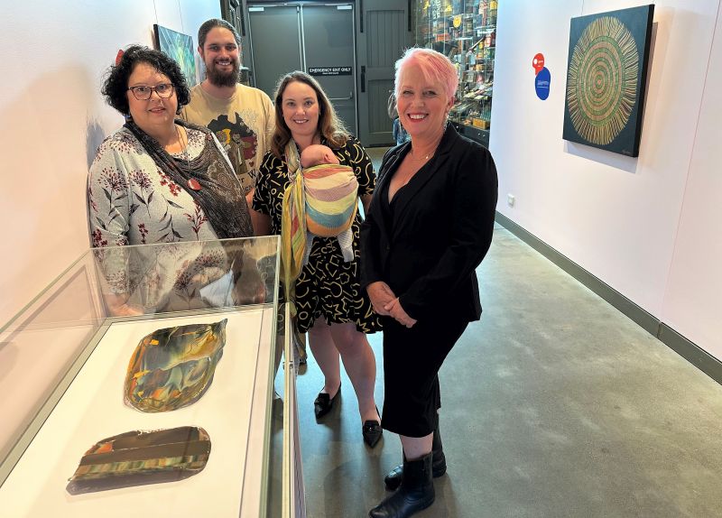 Artist Virginia McDonald, musician Jacob Cummins, Councillor Deahnna Richardson and City of Newcastle Museum, Archive, Libraries and Learning Director Julie Baird celebrate the launch of the FIRST exhibition at Newcastle Museum.