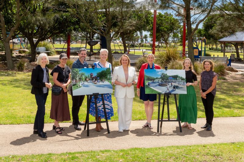 Cr Margaret Wood, CN Open Space Manager Rachel McConkey, CN Senior Project Planner Tim Daley, Cr Carol Duncan, Lord Mayor Nuatali Nelmes, Cr Jenny Barrie, Cr Elizabeth Adamczyk and CN Acting Executive Director Creative & Community Services Lynn Duffy with the concept renders.