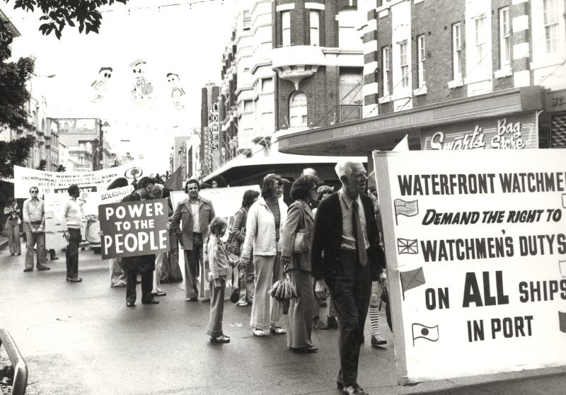 May Day march along Hunter Street, Newcastle, in the mid-1970s, with Jack Mundey (pictured to the right of the Power to the People sign). Photo by Dave Marley.