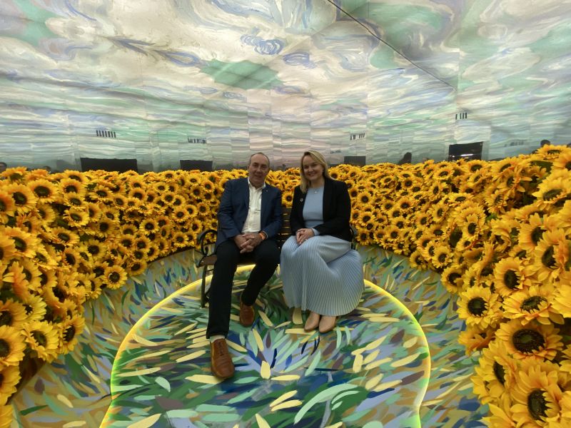 Van Gogh Alive producer Andrew Kay and Newcastle Lord Mayor Nuatali Nelmes enjoy the immersive multi-sensory experience of Van Gogh Alive as part of the New Annual festival.