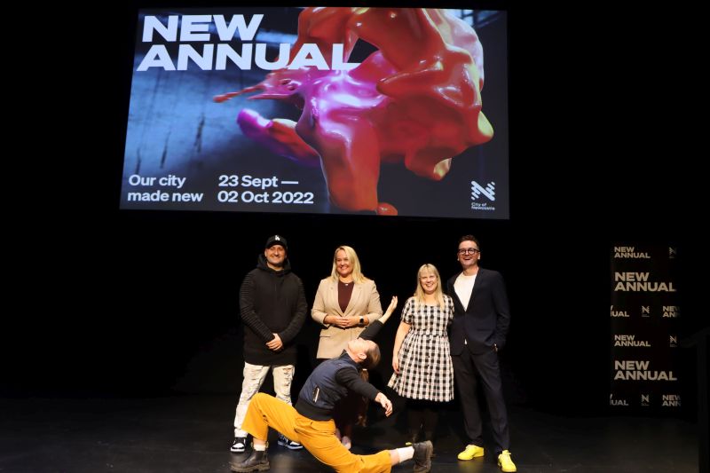 (Front) Catapult Dance artistic director Cadi McCarthy with (rear L-R) musician Jacob Ridgeway, Newcastle Lord Mayor Nuatali Nelmes, Tantrum Youth Arts creative director Penelope Kentish and New Annual Senior Producer and Curator Adrian Burnett celebrate the launch of the 2022 New Annual program.