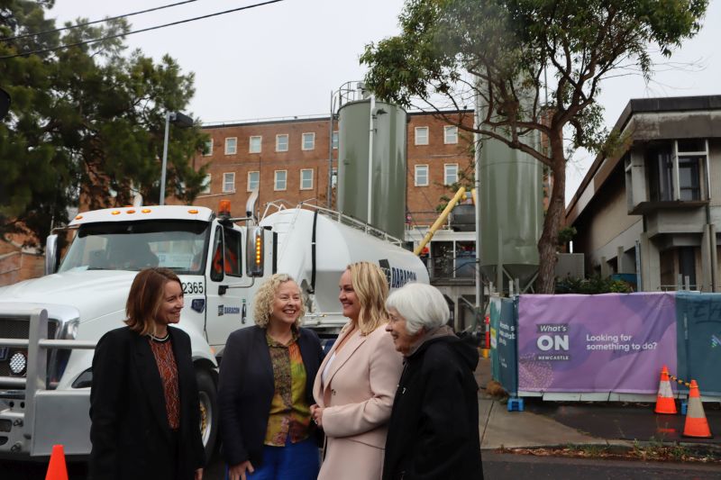 Newcastle Art Gallery Foundation Chair Suzie Galwey, Federal Member for Newcastle Sharon Claydon, Lord Mayor Nuatali Nelmes and Newcastle art Gallery Society President Prue Viggers discussing the progress of the mine grouting works.