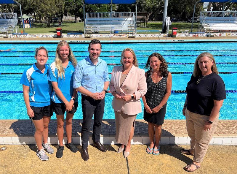 Blue Fit staff members Emma Preece and Hannah Richardson, Deputy Lord Mayor Declan Clausen, Newcastle Lord Mayor Nuatali Nelmes, regular Mayfield Swimming Centre user Leanne Sanderson and City of Newcastle Acting Executive Manager Community and Recreation Donna McGovern celebrate the announcement of heating upgrades at the Mayfield and Wallsend pools.