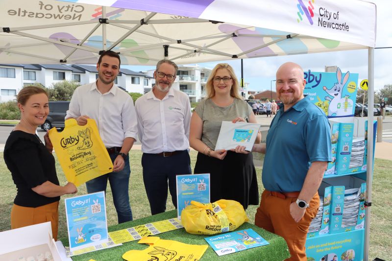 Councillor Peta Winney-Baartz, Deputy Lord Mayor Declan Clausen, iQRenew Chief Operations Officer Graham Knowles, City of Newcastle Director City Wide Services Alissa Jones and CurbCycle Director Gordon Ewart at the launch of the Curby Soft Plastics Program.