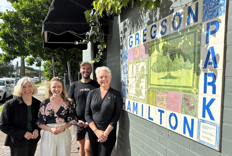 Cr Margaret Wood, Cr Elizabeth Adamczyk, Hamilton BIA Chair Reece Hignall and Cr Carol Duncan with one of the projects installed in Hamilton as part of the SBR program.