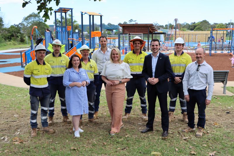Councillor Deahnna Richardson, Lord Mayor Nuatali Nelmes and Deputy Lord Mayor Declan Clausen celebrate the opening of the Wallsend Active Hub with members of the City of Newcastle team who worked on the project.
