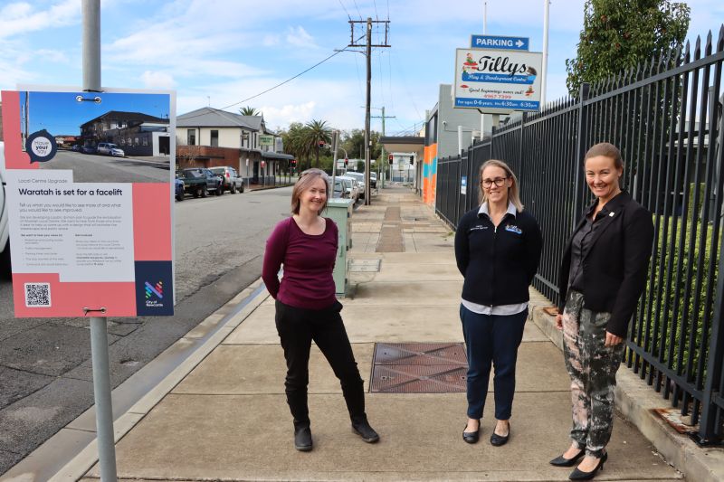 City of Newcastle Senior Project Planner Sarah Horan, Stacey Bernard from Tillys Play and Development Centre and Councillor Peta Winney-Baartz discuss the start of community engagement for the Waratah local centre upgrade.