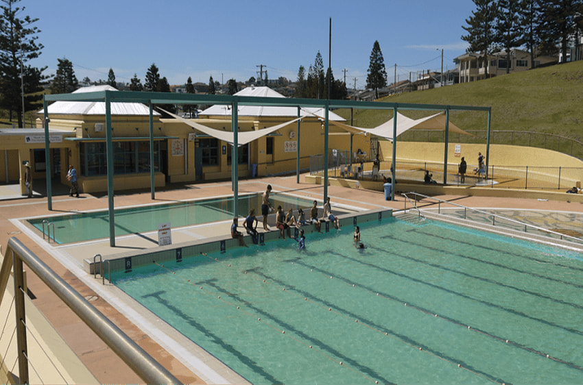 The Port Kembla Olympic Swimming Pool as viewed from the internal pavilion. Photography sourced from Wollongong City Council.
