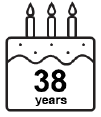 A birthday cake icon that says 38 years.
