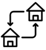 Icon of two houses with arrows pointing to each other.