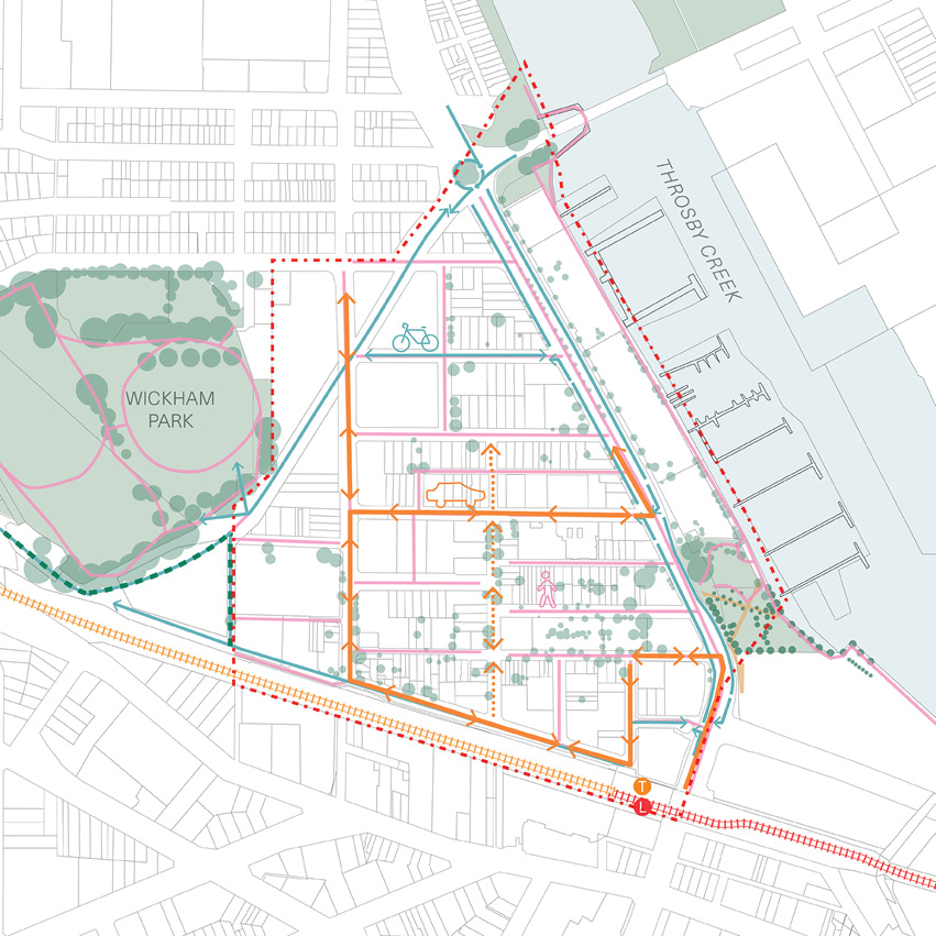 Map illustrating the actions for this principle. Pink lines are drawn on most streets to show where pedestrian and cyclist movement will be prioritised. Green circles are dotted across many of the streets to show where green planting will create shade. A dotted orange line shows where Union St will be protected from non-local traffic. Blue lines with a cyclist icon are drawn along streets to connect Wickham Park in the west to the waterfront in the east. Orange lines with a car icon are drawn on Station Street, Railway Street and Throsby Street to show the main routes for commuters, visitors and locals. 