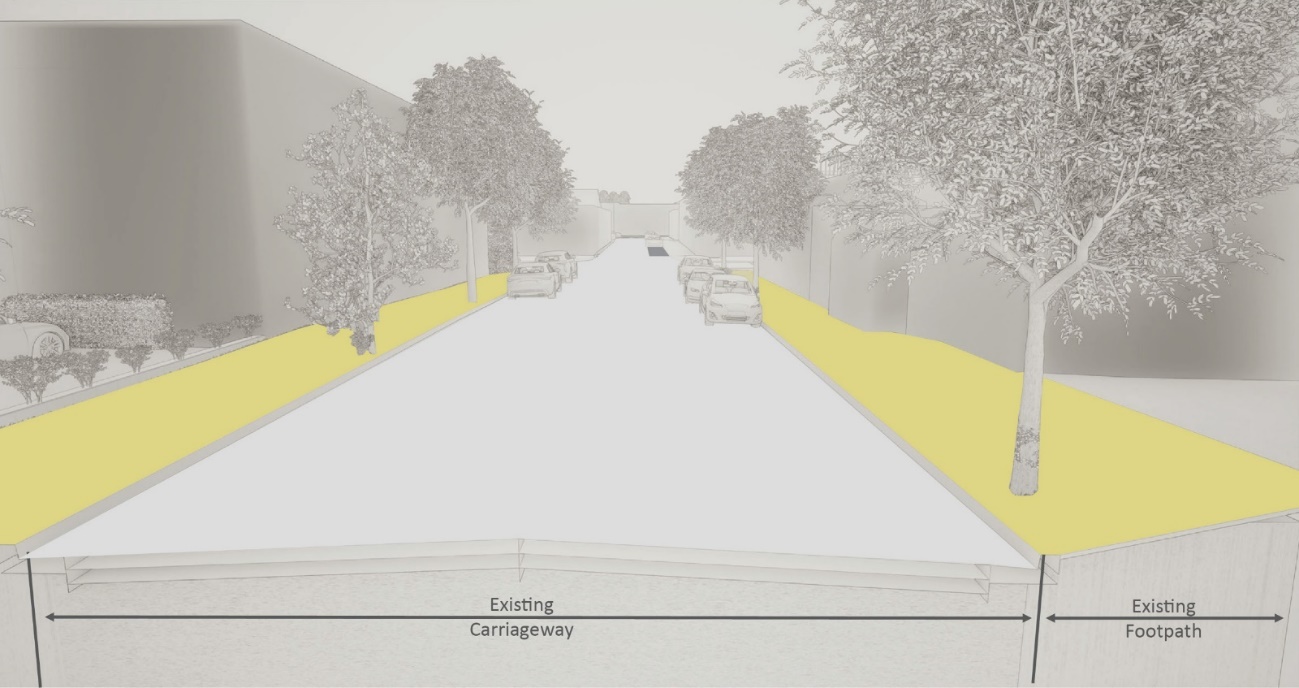 3D illustration of the existing carriageway and footpath on Union St. The footpath is highlighted in yellow.