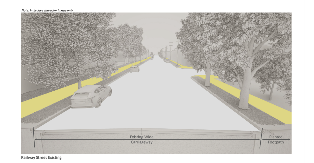 3D illustration of the existing carriageway and footpath on Railway Street. The footpath is highlighted in yellow.
