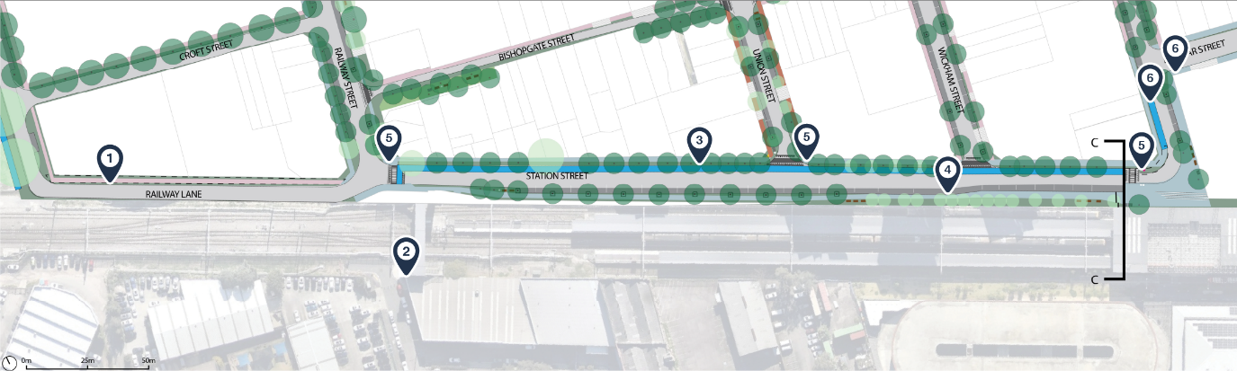 A map showing Railway Lane, which becomes Station Street, running from east to west. Below the street is the railway line. In the map is the intersection of Railway Lane and Railway Street and Station Street and Union Street, and Wickham Street. Along the north side of Station Street is a blue line that signifies a separated cycleway. The sides of each street are dotted with trees. The map has markers which correspond with the information below.