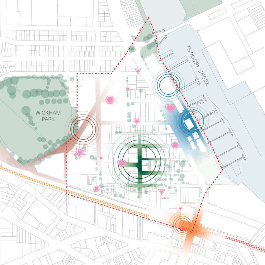  Map illustrating the actions for this principle. Union Street and surrounding streets are highlighted in green as the ‘safe and vibrant heart to the Village Hub’. The south-eastern intersection of Station Street and Hannell Street is highlighted in orange, illustrating the action to ‘establish a hierarchy of scales and uses for other urban activation areas to provide diversity in public space provision’. The edge of Wickham Park, the waterfront, the village heart and the interchange are highlighted with radiating circles. The radiating circles show that these places can be seen or felt in the wider area. There are pink hearts and stars dotted around the neighbourhood to illustrate a set of potential small delightful elements and character as incubator for artistic expression. 