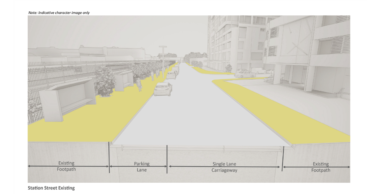 3D illustration of the existing carriageway and footpath on Station Street. The footpath is highlighted in yellow.