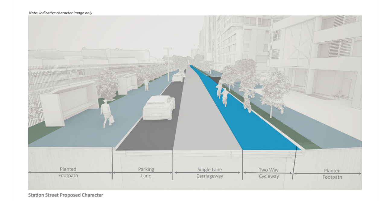 3D illustration of the proposed carriageway, footpath, planting and cycleway on Station Street. The footpath is highlighted in grey-blue, the planting is highlighted in green and the cycleway is highlighted in blue.