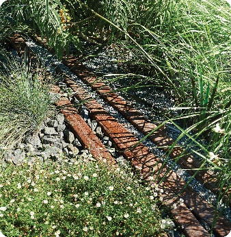 Old railway tracks running through a garden or park, with green plants on either side