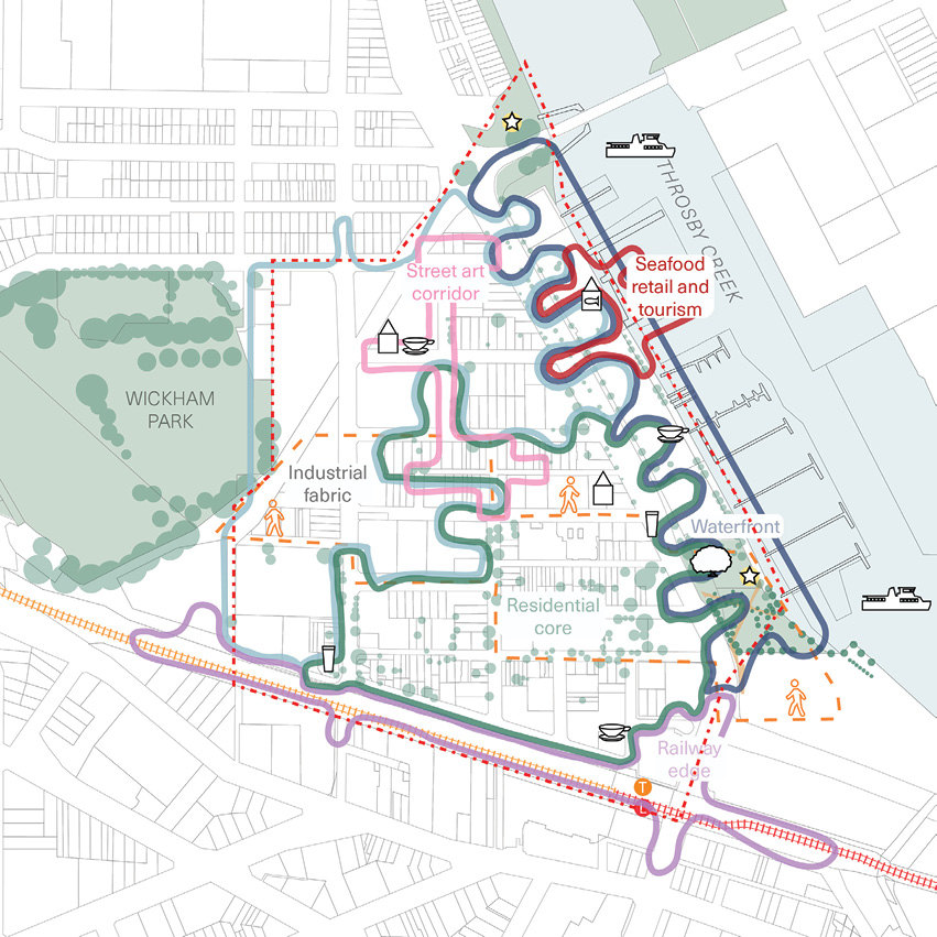 Map illustrating the actions for this principle. The map outlines the different areas of the neighbourhood: At the bottom, running along the railway line is the railway edge. Above the railway line, covering the south-eastern zone is the residential core. On the west of the residential core is the ‘industrial fabric. Above the residential core is the street art corridor. The waterfront covers the Throsby Creek waterfront from the north intersection of Branch Street and Hannell Street to the southern intersection of Hannell Street and Station Street. Inside the waterfront area, on the north side is the seafood retail and tourism area. 