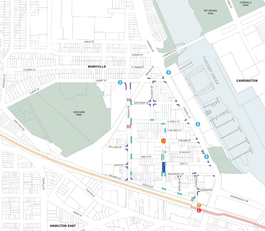Map illustrating the actions relating to pedestrian movement. There are purple markers to show where kerbs will be extended. These are on each intersection on Hannell Street going from north to south, Railway Street from north to south, Bishopsgate Street going west to east, Greenway Street going west to east. There are green markers to show where there will be continuous footpath treatment (CFT). These are on Railway Street, Church Street, Union Street, Station Street. There are red markers on Railway Street to show where the at-grade and wombat crossings will be implemented . There are green markers on Station Street to show where the wombat crossing will be implemented. There is an orange marker at the intersection of Union Street and Throsby Street, to show where there will be a raised intersection. 