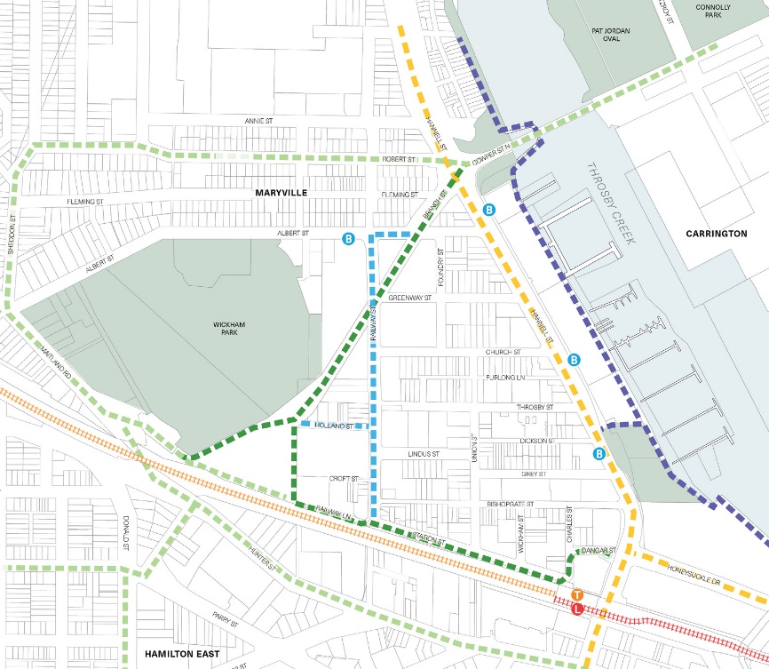 Map illustrating the actions relating to cycling movement. There is a blue line to illustrate Alternative/temporary option cycleway connectivity. This line goes along Railway Street from Railway Lane in the south to Albert Street in the north. It also goes along Holland Street from Wickham Park on the west to Railway Street on the east. There is a green line to illustrate ‘Active transport connection proposed in 2021 Wickham masterplan’. This line goes along the south eastern side of Wickham Park, up north east towards Branch Street. It also goes south from Wickham Park to Railway Lane, which turns into Station Street, and then to Dangar Street in the south east. There is a purple line to illustrate ‘Existing shared user path’. This line goes along the waterfront parallel to Hannell Street. It goes from the north above Robert Street, under the Cowper Street North bridge, in the southern direction going parallel to Honeysuckle Drive and continuing out of view. There is a yellow line to illustrate ‘Existing on-road cycle lane’. This line goes along the length of Hannell Street in the north to the south, and goes along Honeysuckle Drive. It continues out of view. There is a light green line to illustrate ‘Proposed routes of Newcastle Cycling Plan’. This line starts in the north east along Cowper Street North, and comes across the bridge over Throsby Creek. It continues along Robert Street from east to west, continuing along Sheddon Street, then going south along Sheddon Street, continuing onto Maitland Road. From there, it runs south of Wickham Park and then splits into two routes. One route continues along Railway Lane and Station Street from east to west. The other route goes south to Hunter Street. 