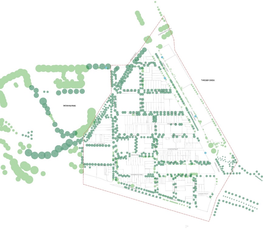 A map showing the proposed tree canopy cover for Wickham. There is a substantial increase in green cover compared to the existing canopy cover. There are green dots lining the majority of streets in the Wickham area, and around Wickham Park.
