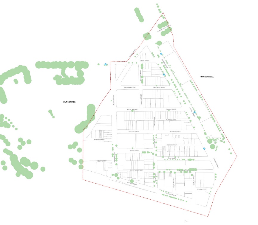 A map showing the existing canopy cover in the Wickham area. While there this canopy cover surrounding Wickham Park, there is not much cover in the residential streets.