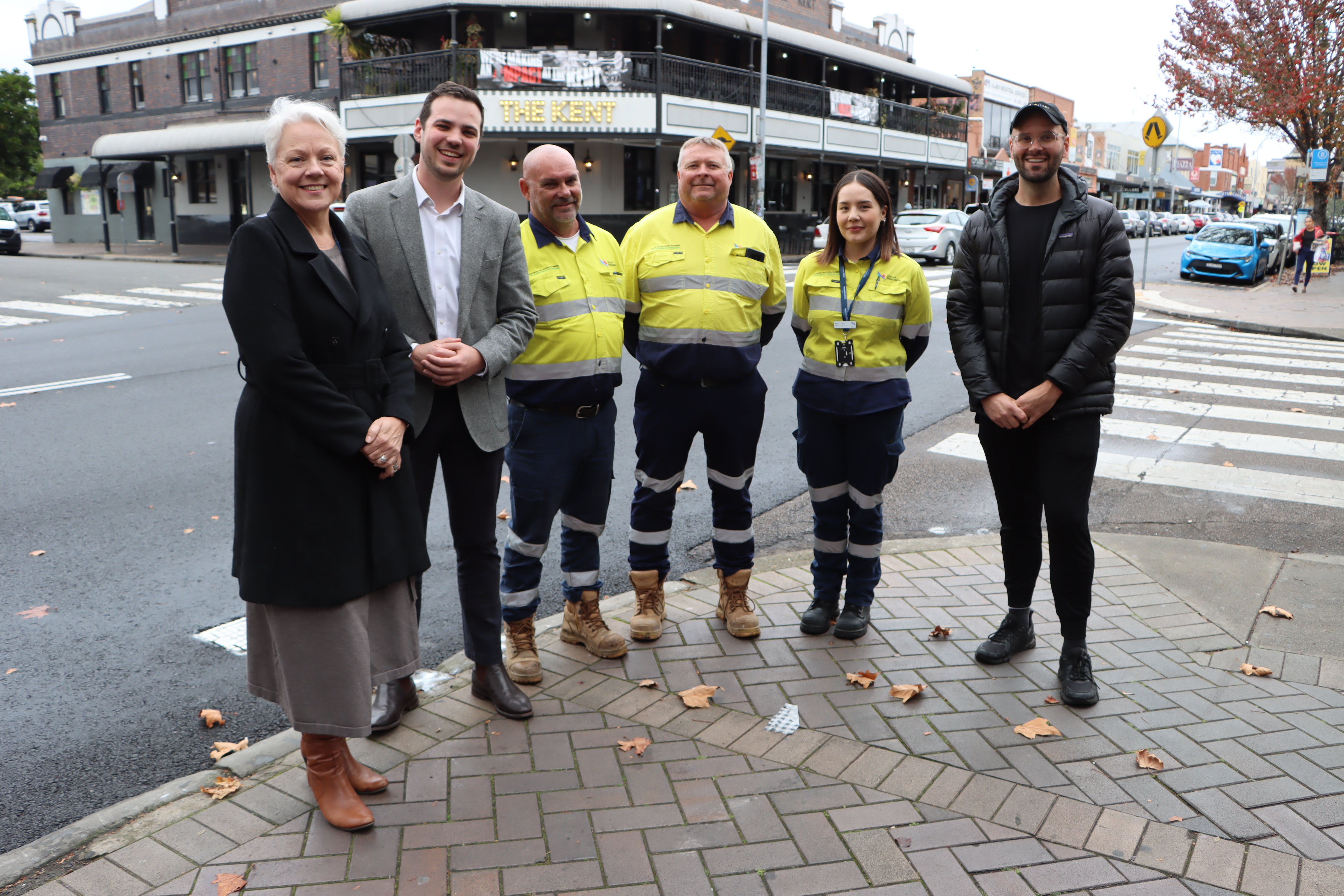 (L-R): Councillor Carol Duncan, Deputy Lord Mayor Declan Clausen, CN Civil Works Contracts Supervisor's Bruce Pemberton and Geoff Blomfield, CN Operations Manager Bianca Field-Vo and Hamilton BIA chair Reece Hignall.