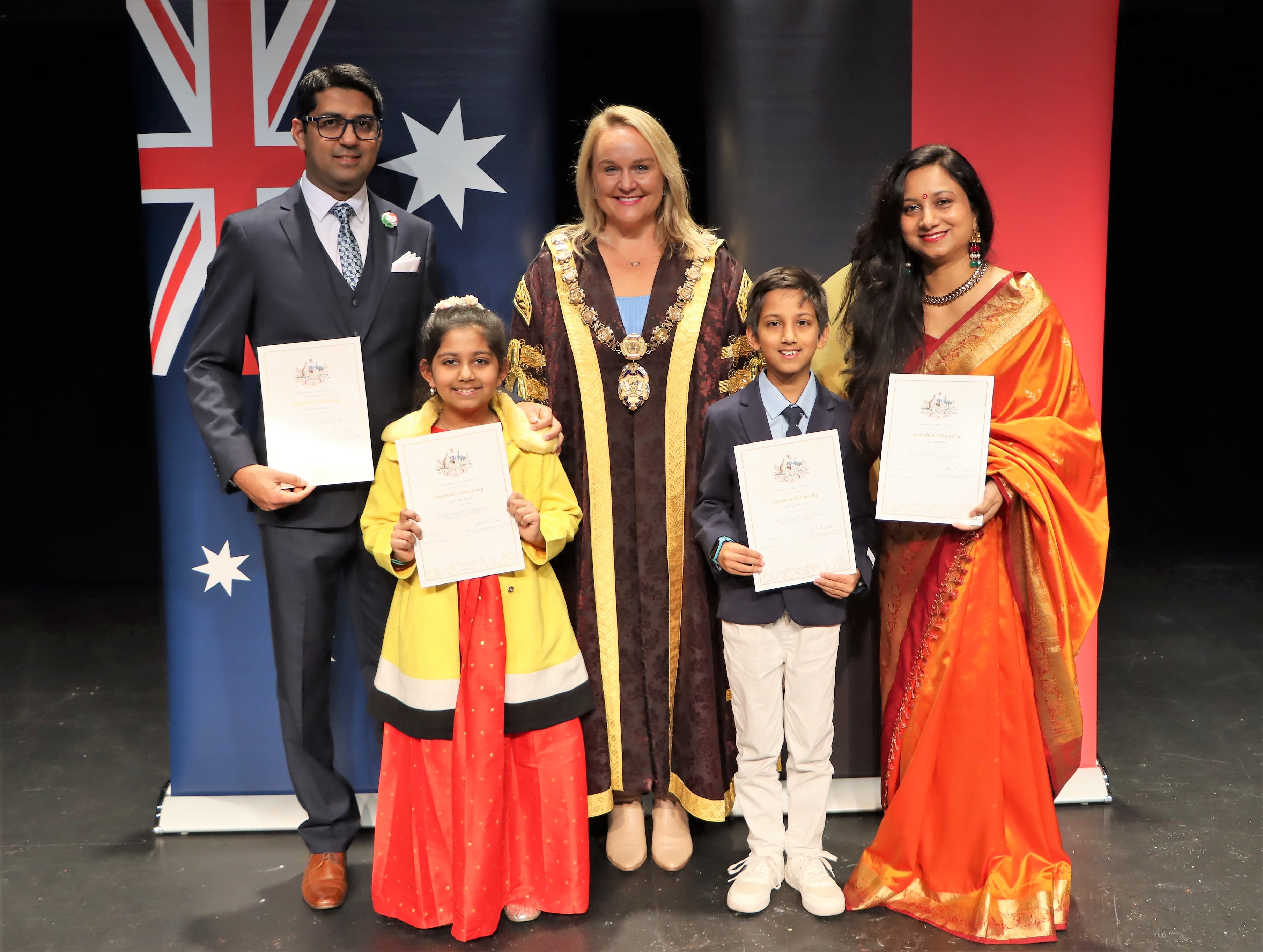 Lord Mayor Nuatali Nelmes with Doctor Nikhil Mahajan his wife Shilpi and nine-year-old twins, Nishchay and Nishka.