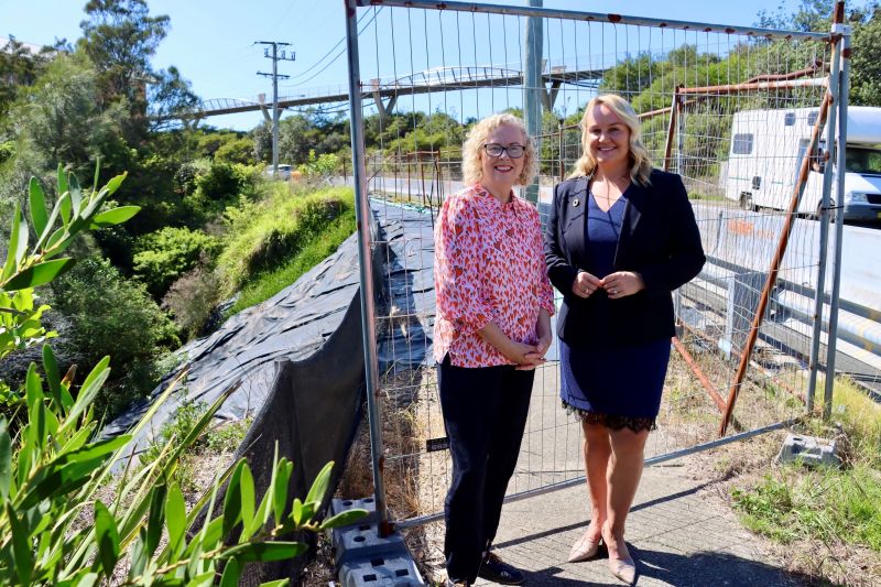 Federal Member for Newcastle Sharon Claydon and Newcastle Lord Mayor Nuatali Nelmes at the Memorial Drive site where the stabilisation work will begin next month.