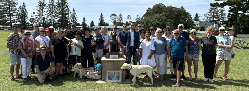 Stockton locals celebrate the new Tessa the guide dog statue