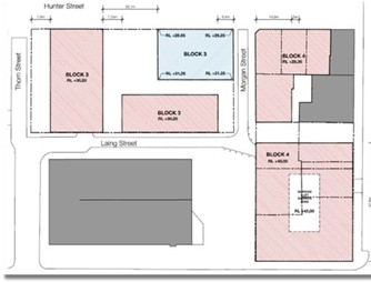 Figure 4: Approved Concept DA 'Envelope/height plan' noting Building '3 South' within the view corridor from Hunter St Mall to Christ Church Cathedral - Source-Urbis